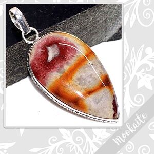 Mookaite Jasper Large Silver Artisan Pendant, 2.3” (Burgundy Red, Orange, Ivory)